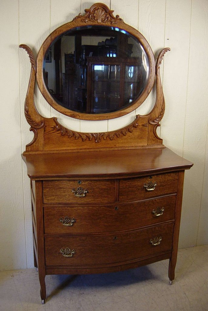 Oak Bow front Dresser w/ Oval Beveled Mirror Doug Schmitt Antiques