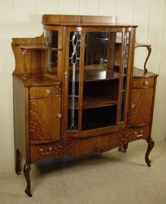Unusual Oak Curio Server with Original Leaded Glass