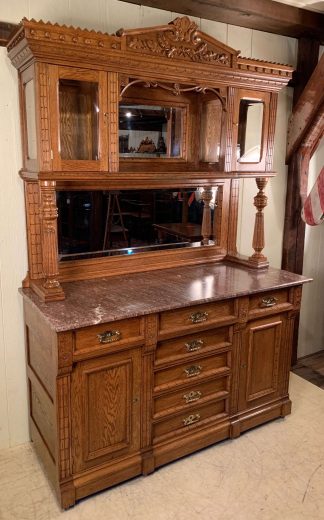 American Victorian Oak Marble Top Sideboard with Curio Cabinets