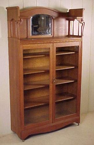 Unusual Victorian Oak Bookcase with Carved Top Section