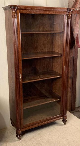 Tall Narrow Single-Door Oak Bookcase