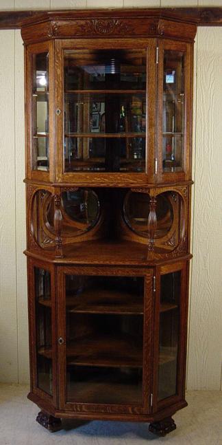 Oak Beveled Glass Corner China Cabinet with Oval Beveled Glass Mirrors