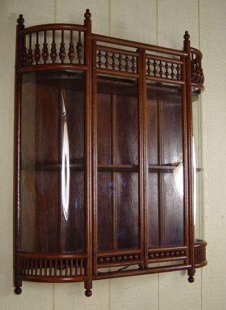 Hanging Oak Stick & Ball Curved Glass Curio Cabinet