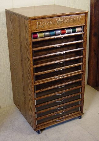 Royal Society Oak Spool Cabinet with glass front drawers