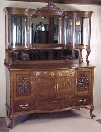 Large Oak Sideboard w/ Curved Glass Curio Sections