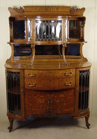 Exceptional Oak Curio Buffet with Curved Leaded Glass