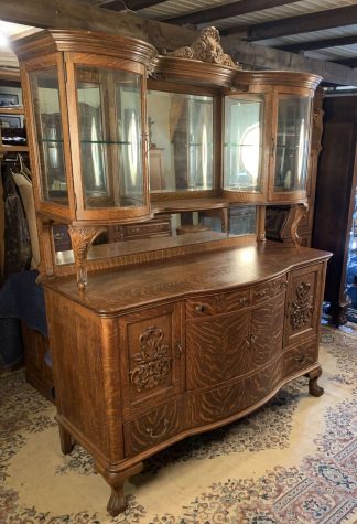 Large Oak Sideboard with Double Curved Glass Curio Cabinets