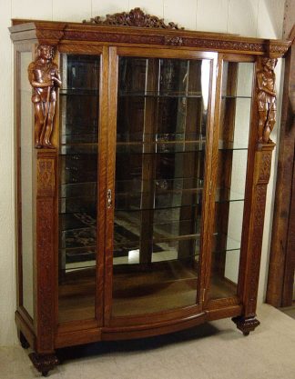 Oak China Cabinet with Full-Standing Carved Noblemen