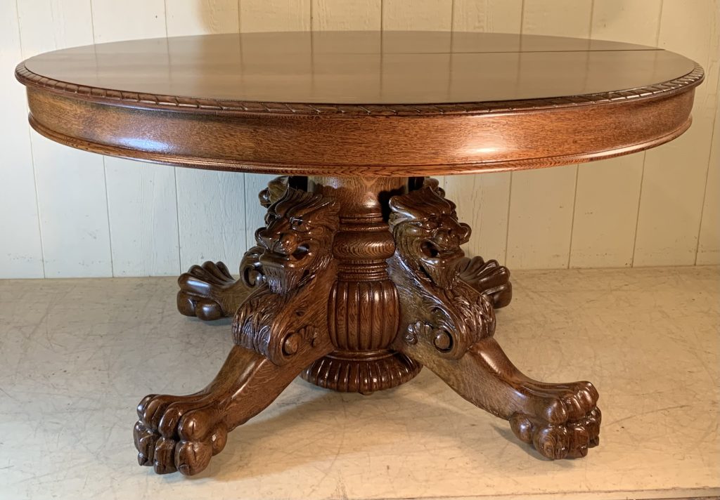 54" Round Oak Dining Table with Exceptional Lion-Head Base and 6 Master ...