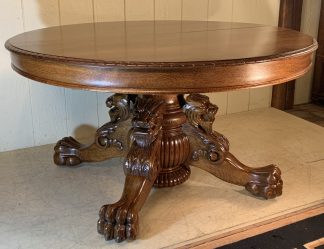 54" Round Oak Dining Table with Exceptional Lion-Head Base and 6 Master  Leaves
