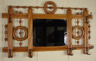 Oak Stick & Ball Hanging Hat Rack with Beveled Mirror