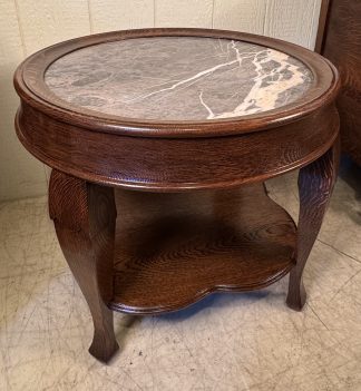 Low Round Oak Lamp Table with Marble Insert