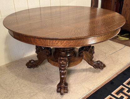 54" Round Oak Lion Head Claw Foot Table with 4 original leaves - Image 3