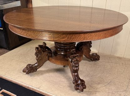 54" Round Oak Lion Head Claw Foot Table with 4 original leaves - Image 9