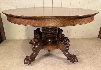 54" Round Oak Lion Head Claw Foot Table with 4 original leaves - Image 10