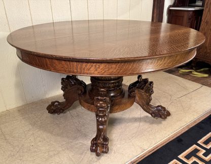 54" Round Oak Lion Head Claw Foot Table with 4 original leaves - Image 11