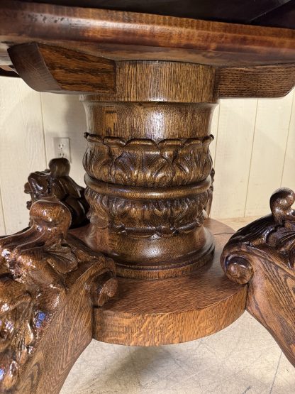 54" Round Oak Lion Head Claw Foot Table with 4 original leaves - Image 13