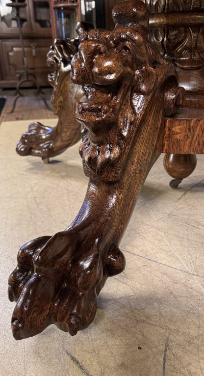 54" Round Oak Lion Head Claw Foot Table with 4 original leaves - Image 16