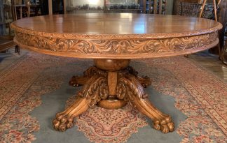 60" Round Oak Dining Table with Carved Apron & Edge with 6 Leaves