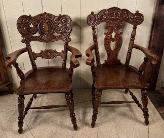 Pair of Carved Quarter-sawn Oak His & Her Chairs