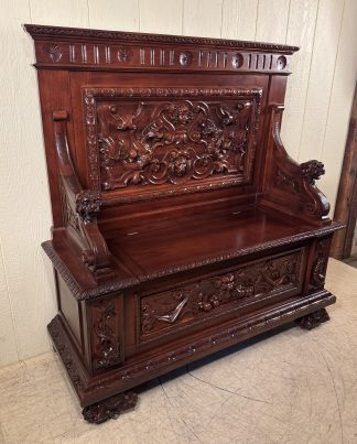 Exceptional Heavily Carved Mahogany Hall Bench