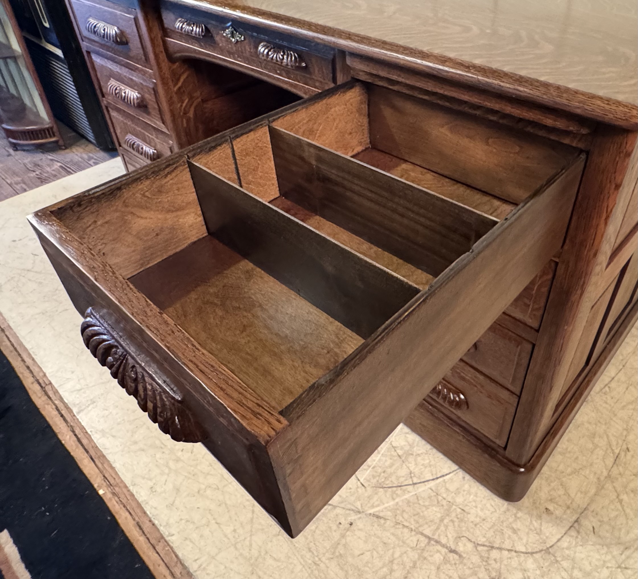 Oak 55" Raised Panel Flat Top Desk with Carved Pulls - Image 11