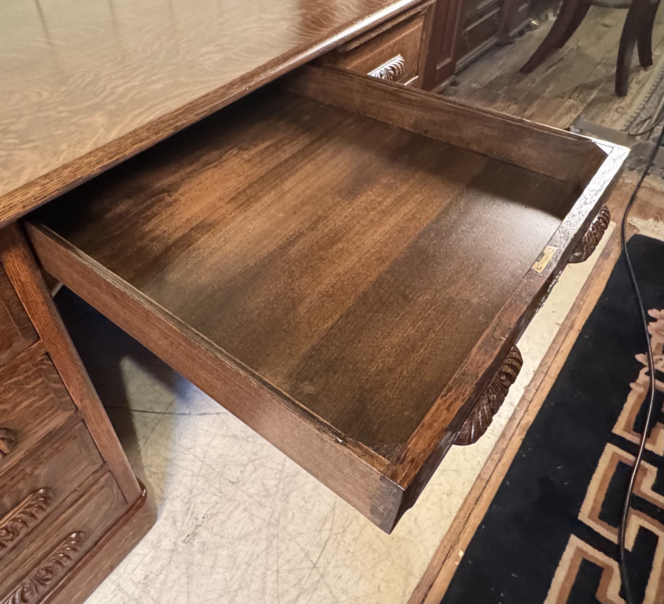 Oak 55" Raised Panel Flat Top Desk with Carved Pulls - Image 13