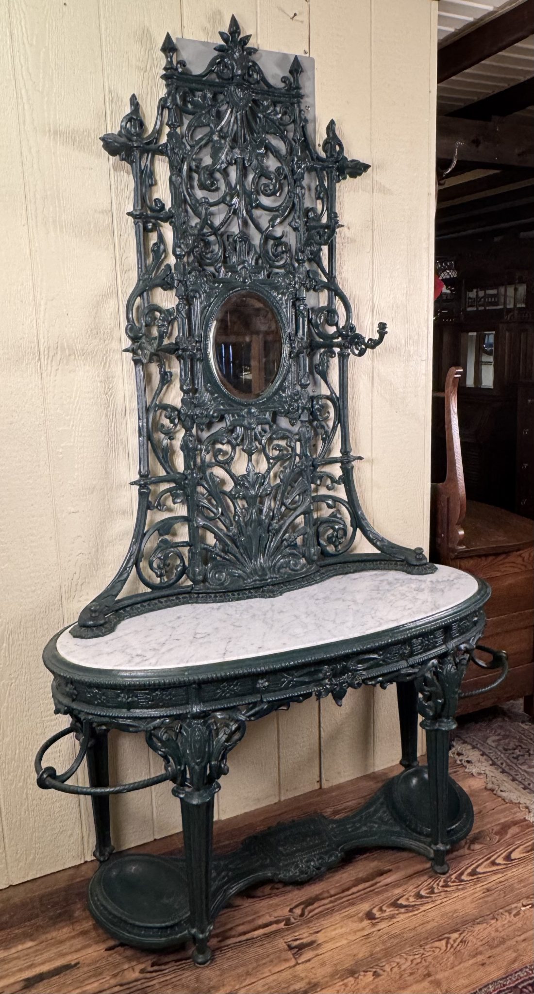 Antique Cast Iron Verdigris Marble Top Hall Stand - Doug Schmitt Antiques
