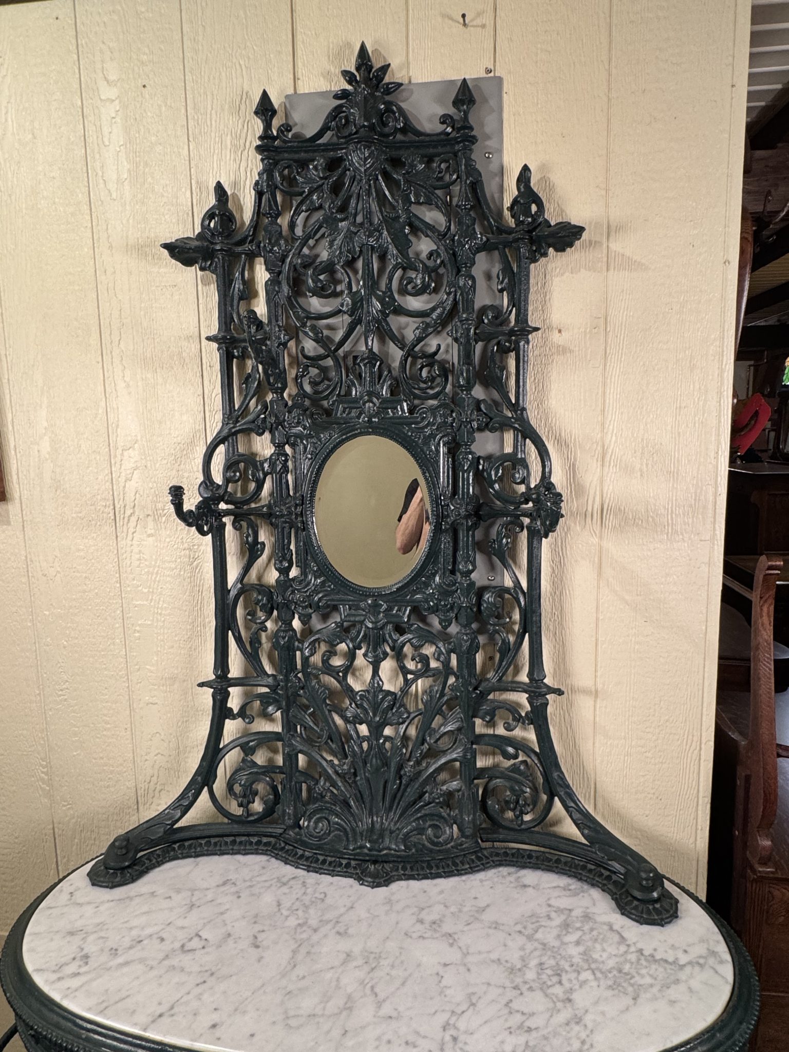 Antique Cast Iron Verdigris Marble Top Hall Stand - Doug Schmitt Antiques