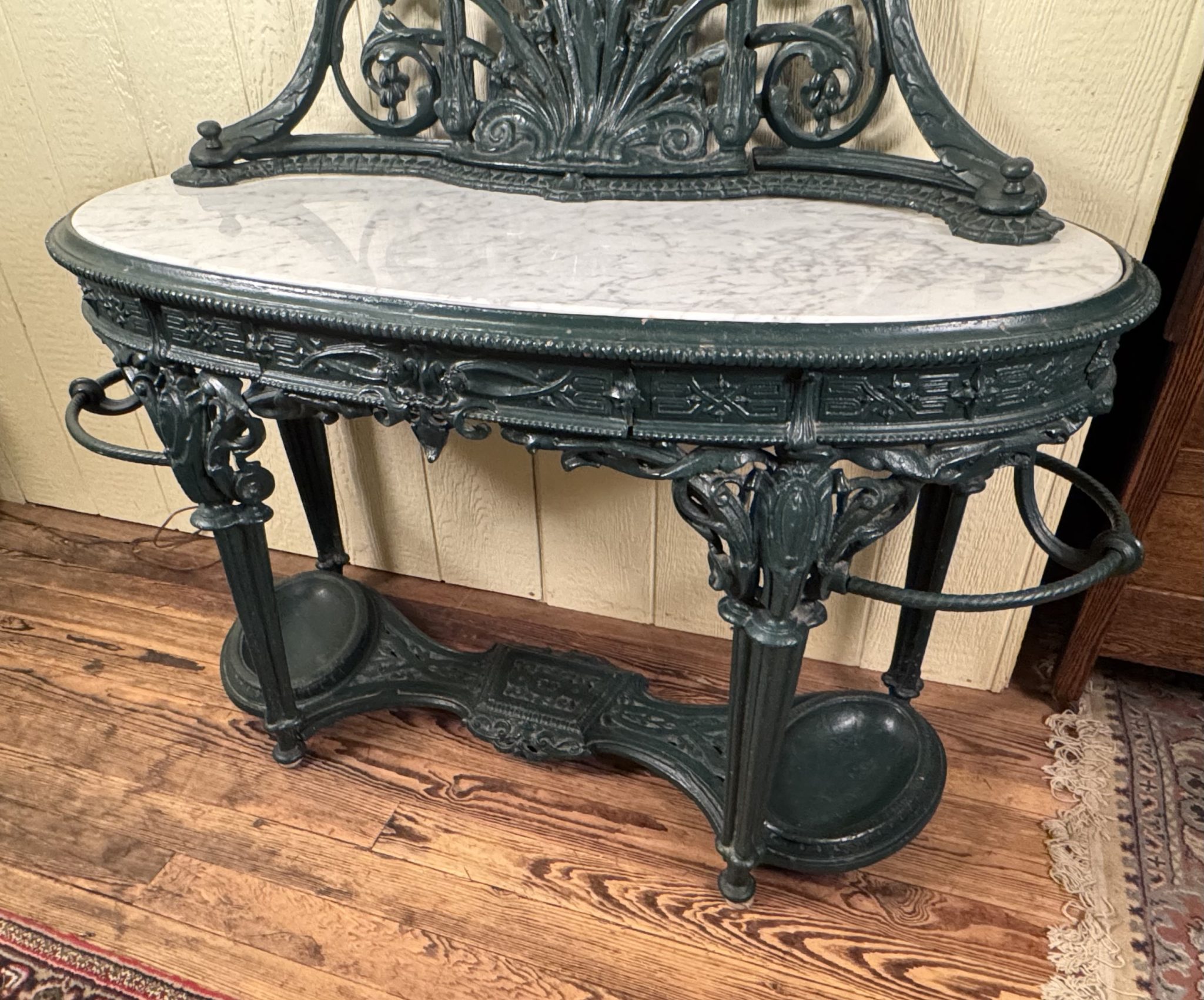 Antique Cast Iron Verdigris Marble Top Hall Stand - Doug Schmitt Antiques