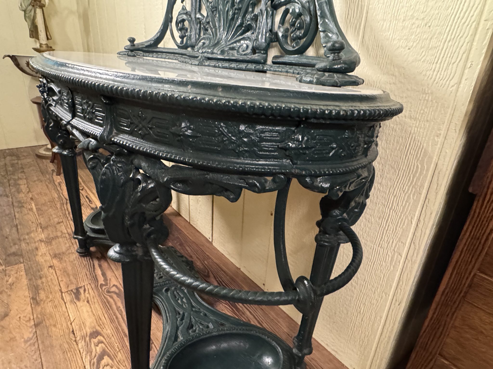 Antique Cast Iron Verdigris Marble Top Hall Stand - Doug Schmitt Antiques
