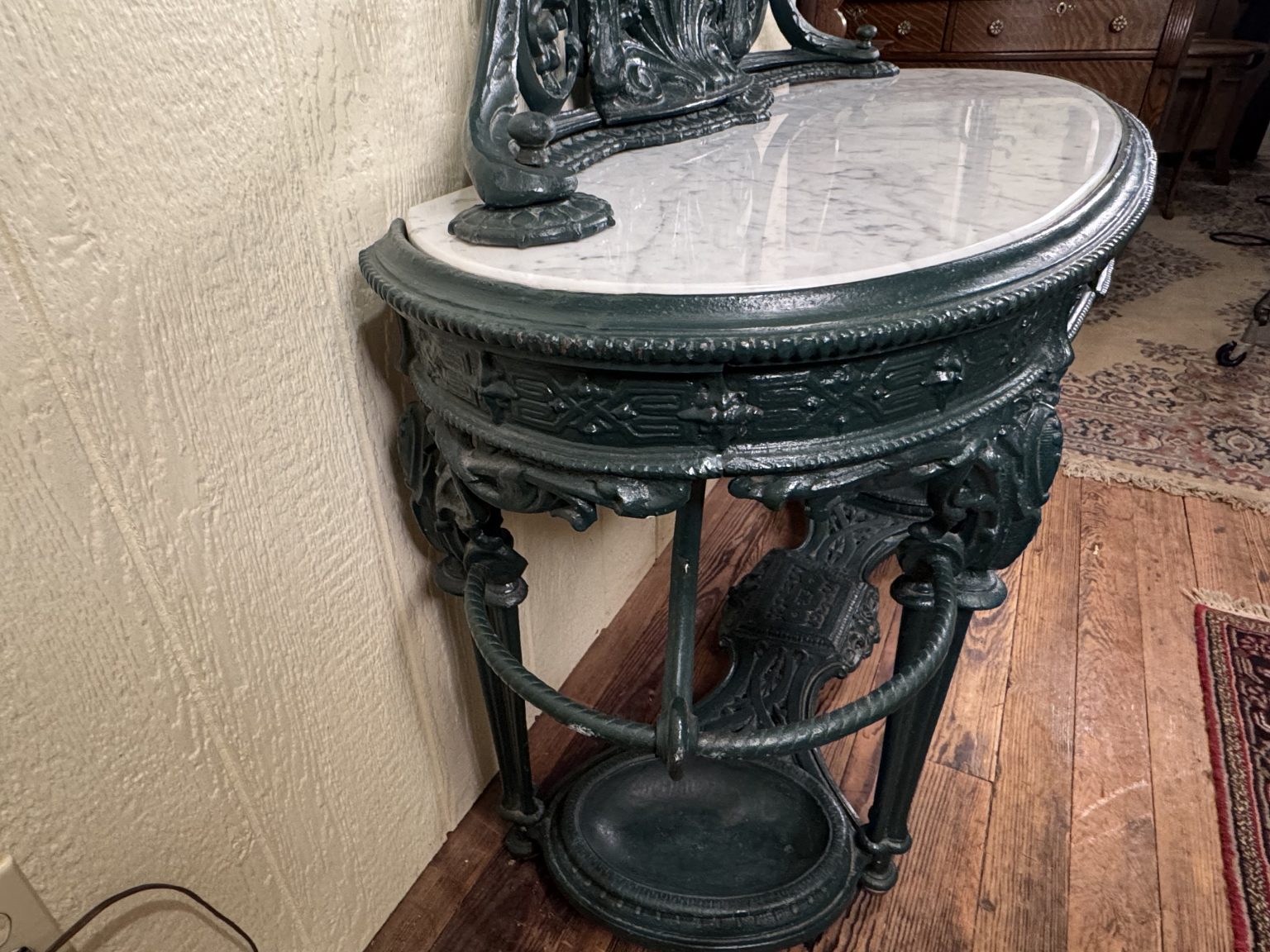 Antique Cast Iron Verdigris Marble Top Hall Stand - Doug Schmitt Antiques