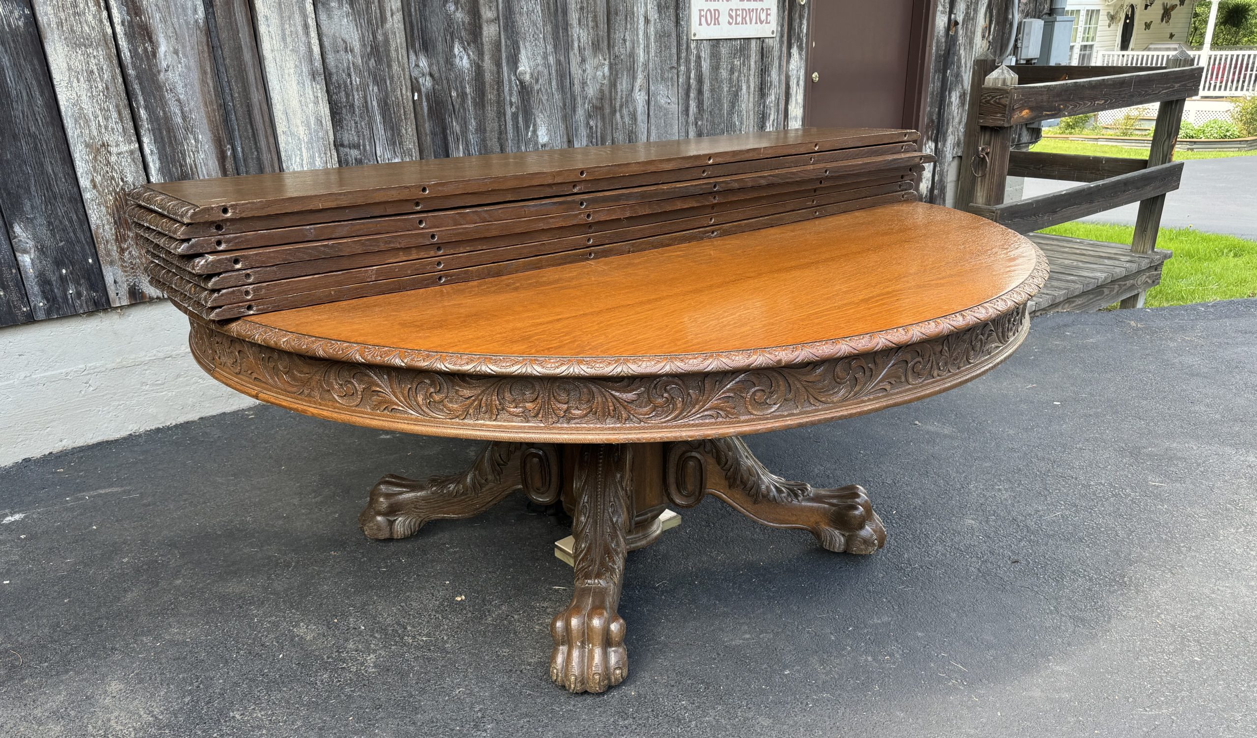 Large 70" Round Oak Claw Foot Dining Table with 7 original 14" leaves - Image 19
