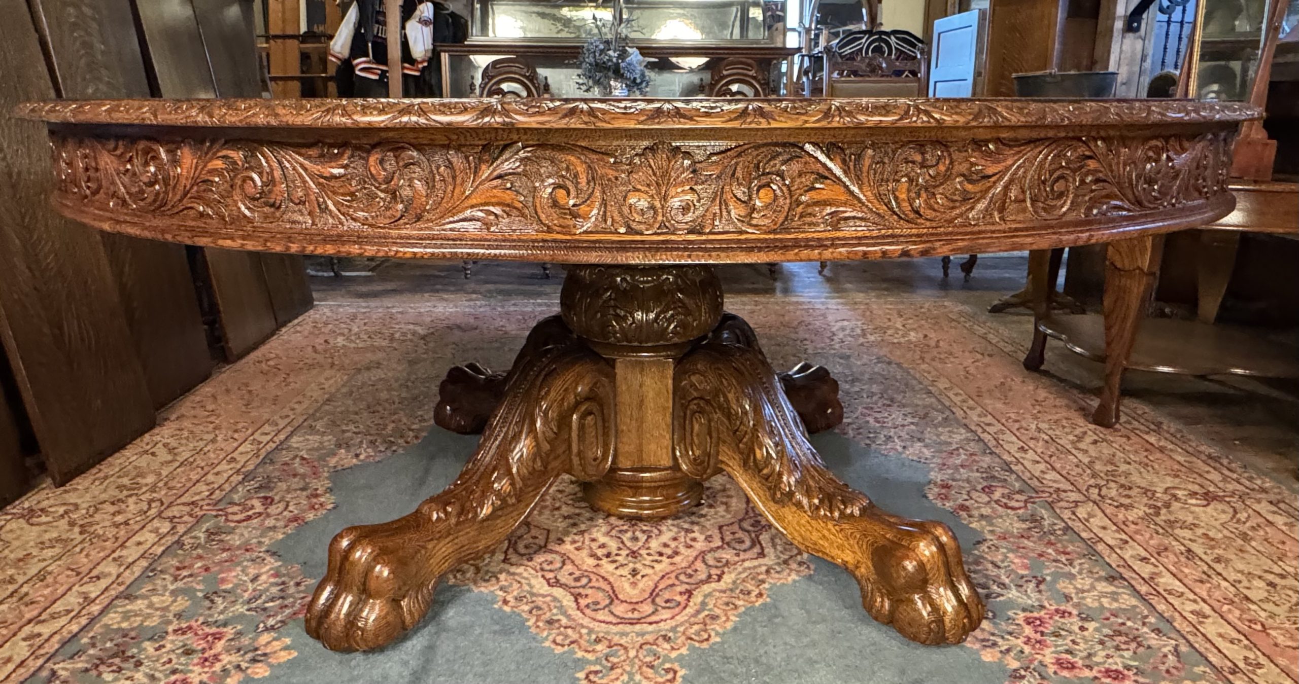 Large 70" Round Oak Claw Foot Dining Table with 7 original 14" leaves - Image 3