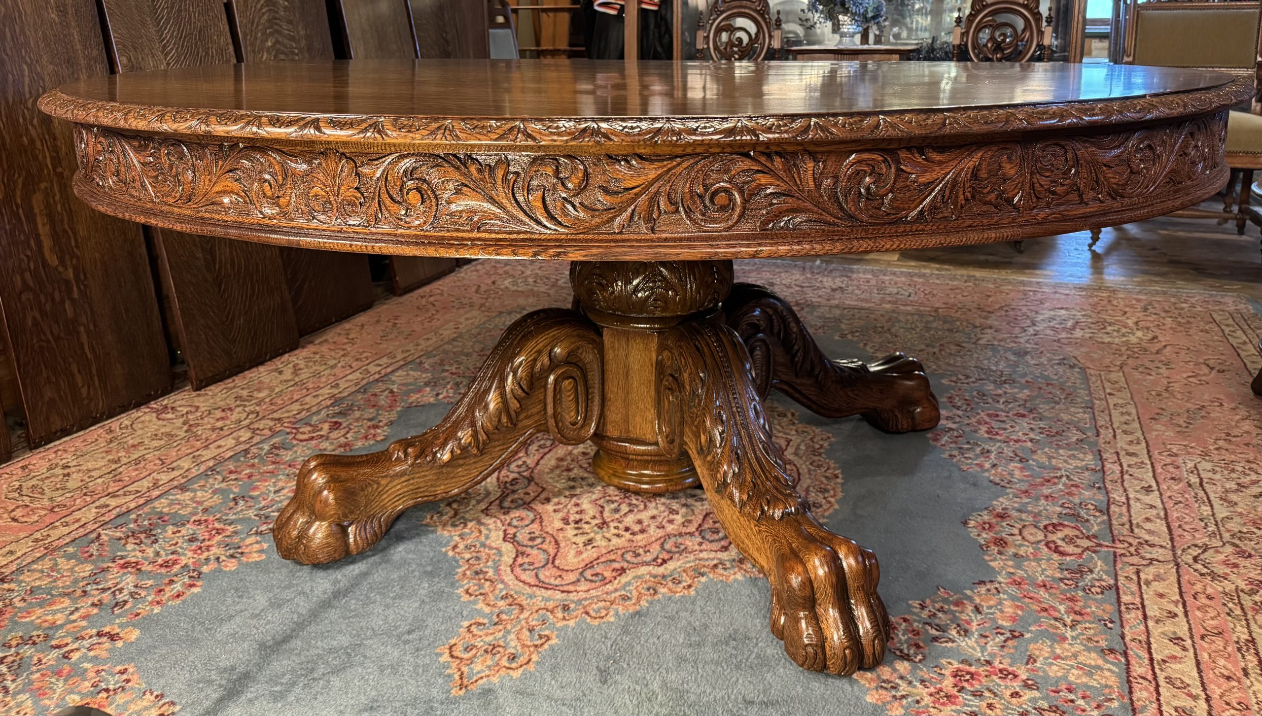 Large 70" Round Oak Claw Foot Dining Table with 7 original 14" leaves - Image 5