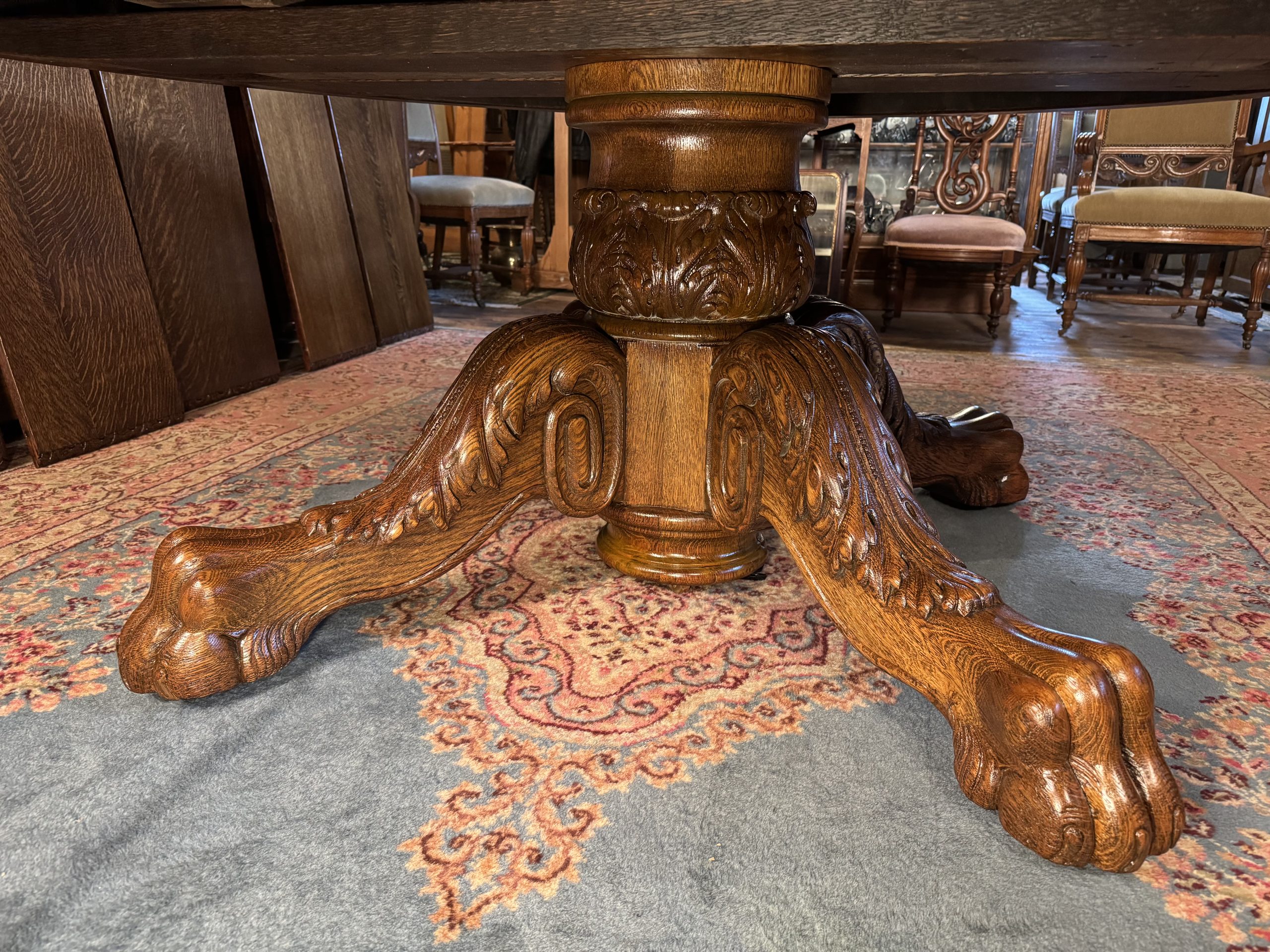 Large 70" Round Oak Claw Foot Dining Table with 7 original 14" leaves - Image 7