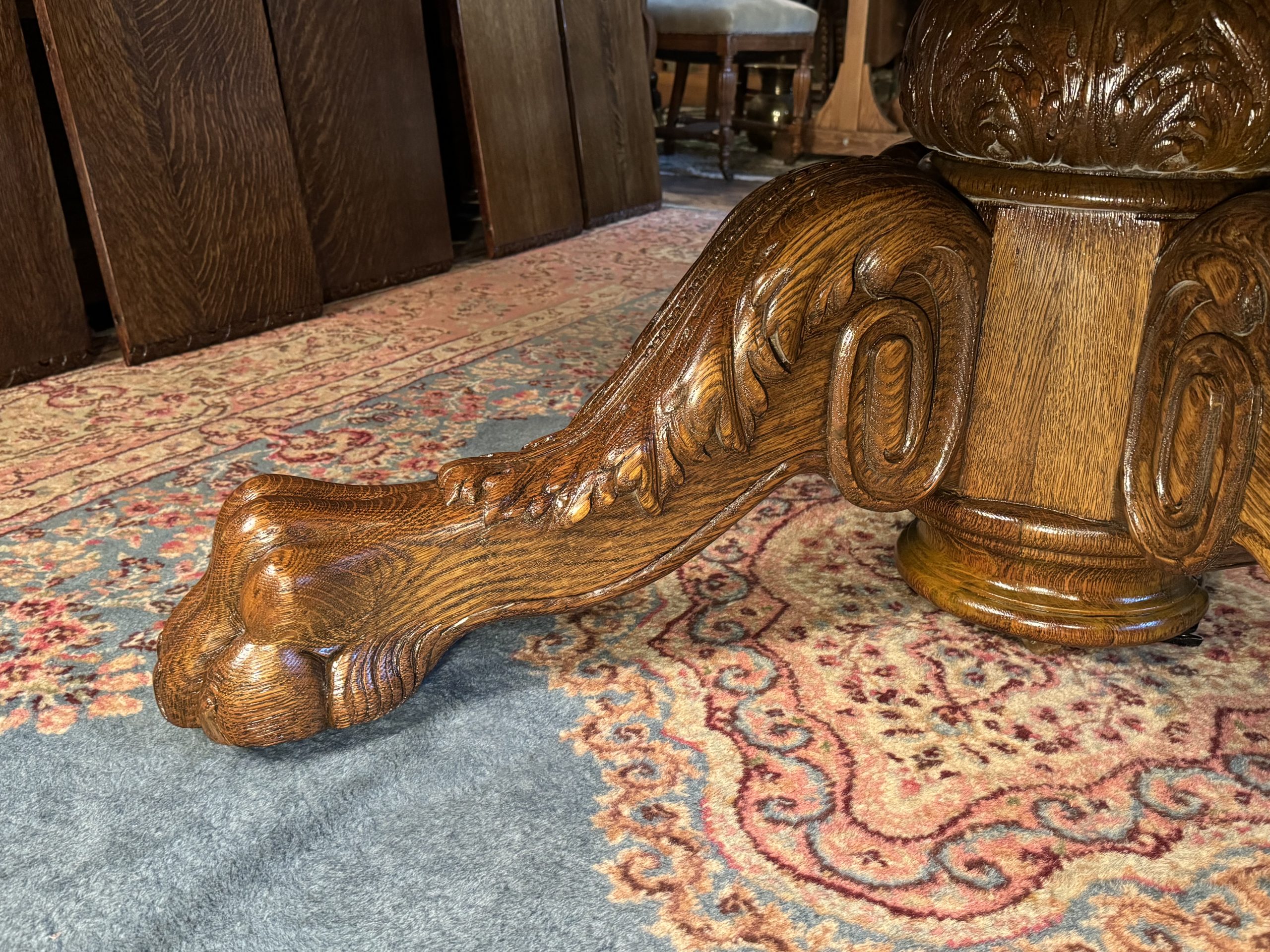 Large 70" Round Oak Claw Foot Dining Table with 7 original 14" leaves - Image 8