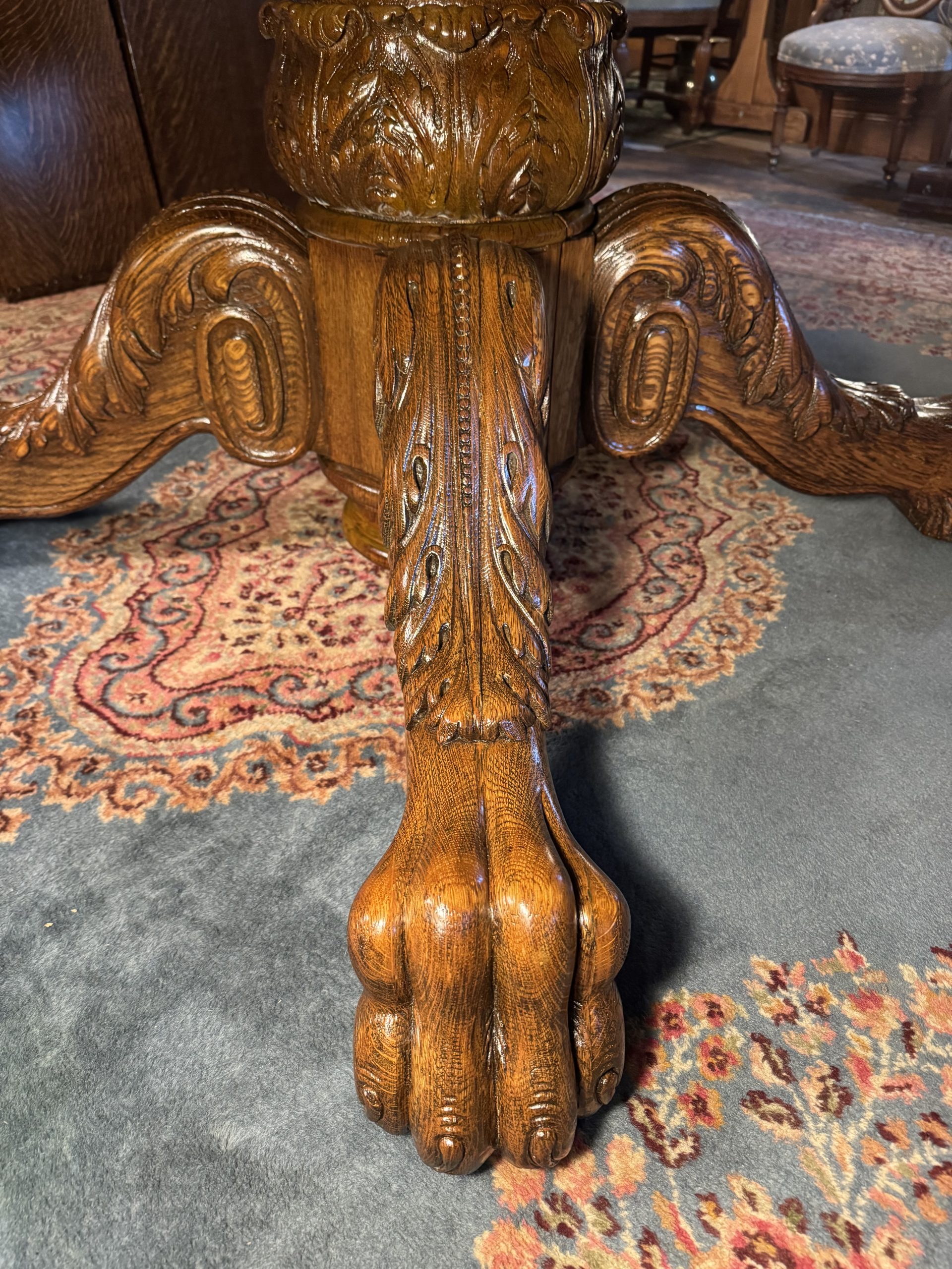 Large 70" Round Oak Claw Foot Dining Table with 7 original 14" leaves - Image 9