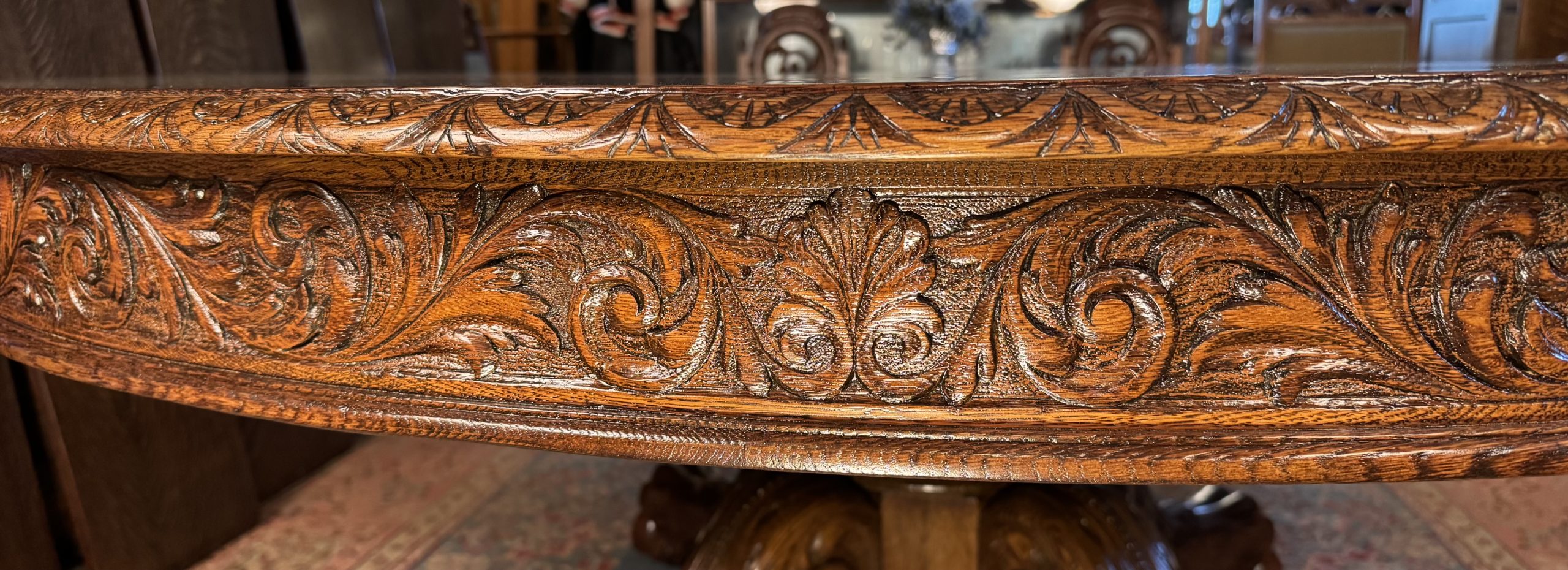 Large 70" Round Oak Claw Foot Dining Table with 7 original 14" leaves - Image 10