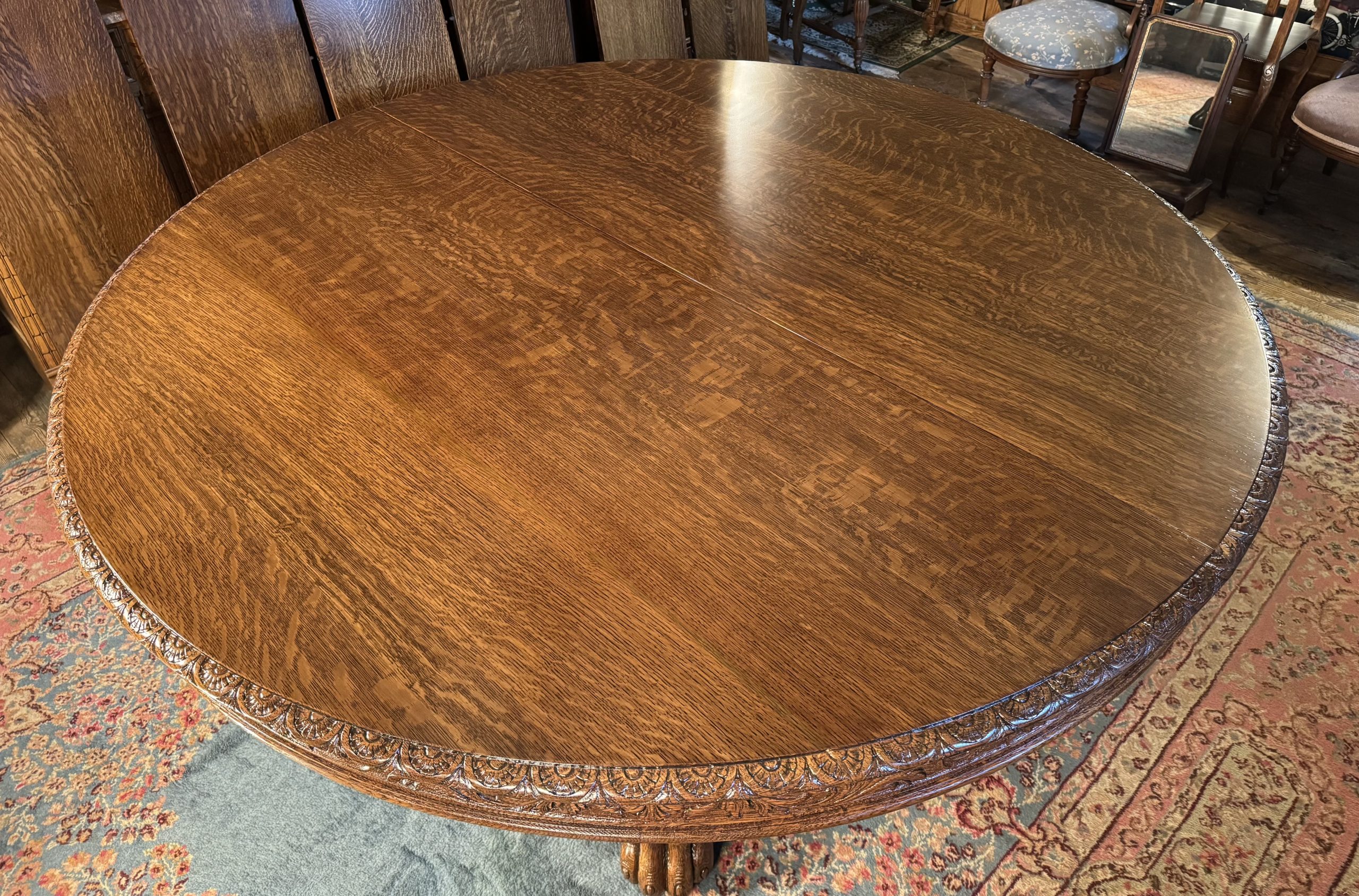 Large 70" Round Oak Claw Foot Dining Table with 7 original 14" leaves - Image 11