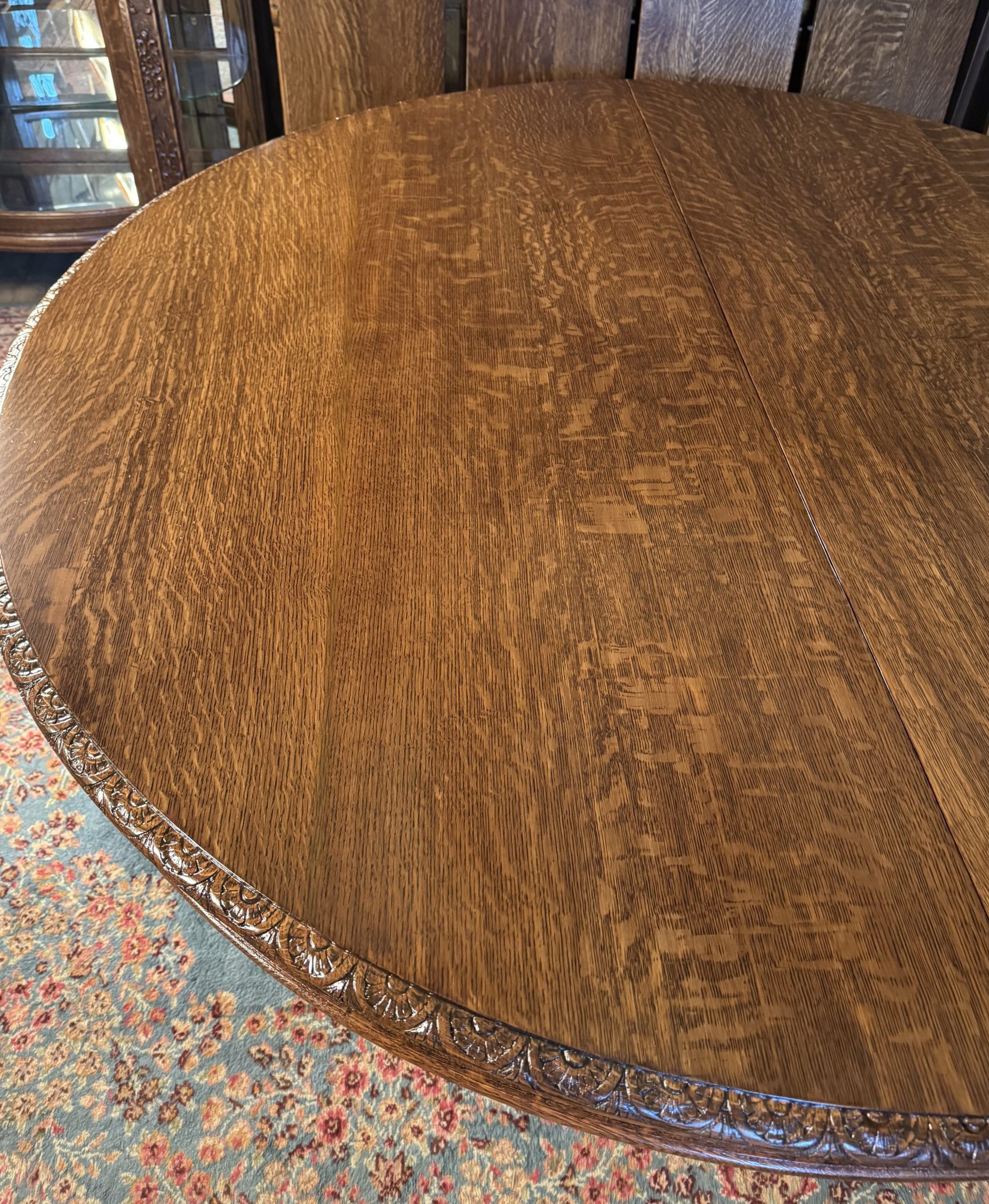 Large 70" Round Oak Claw Foot Dining Table with 7 original 14" leaves - Image 14