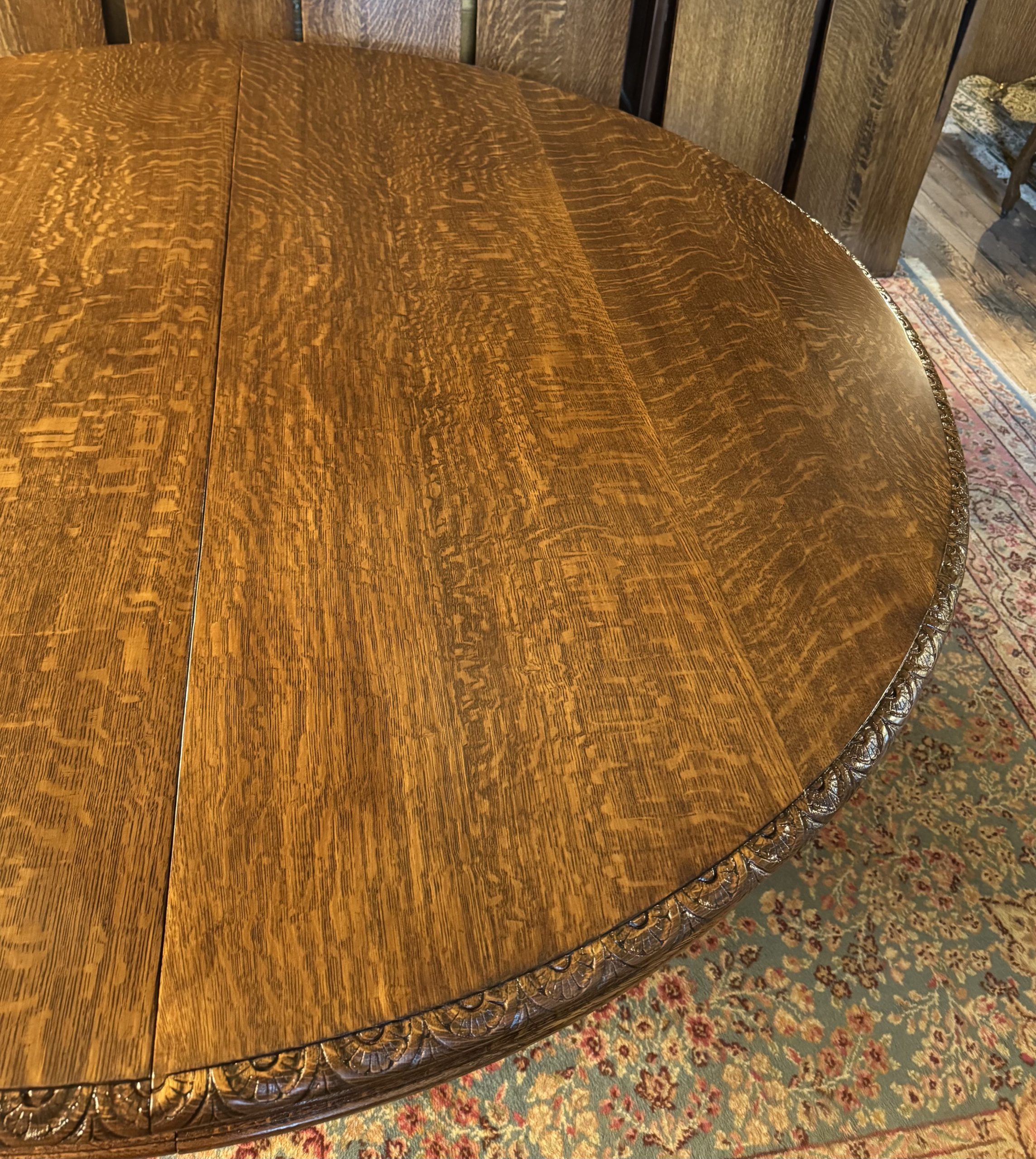 Large 70" Round Oak Claw Foot Dining Table with 7 original 14" leaves - Image 15