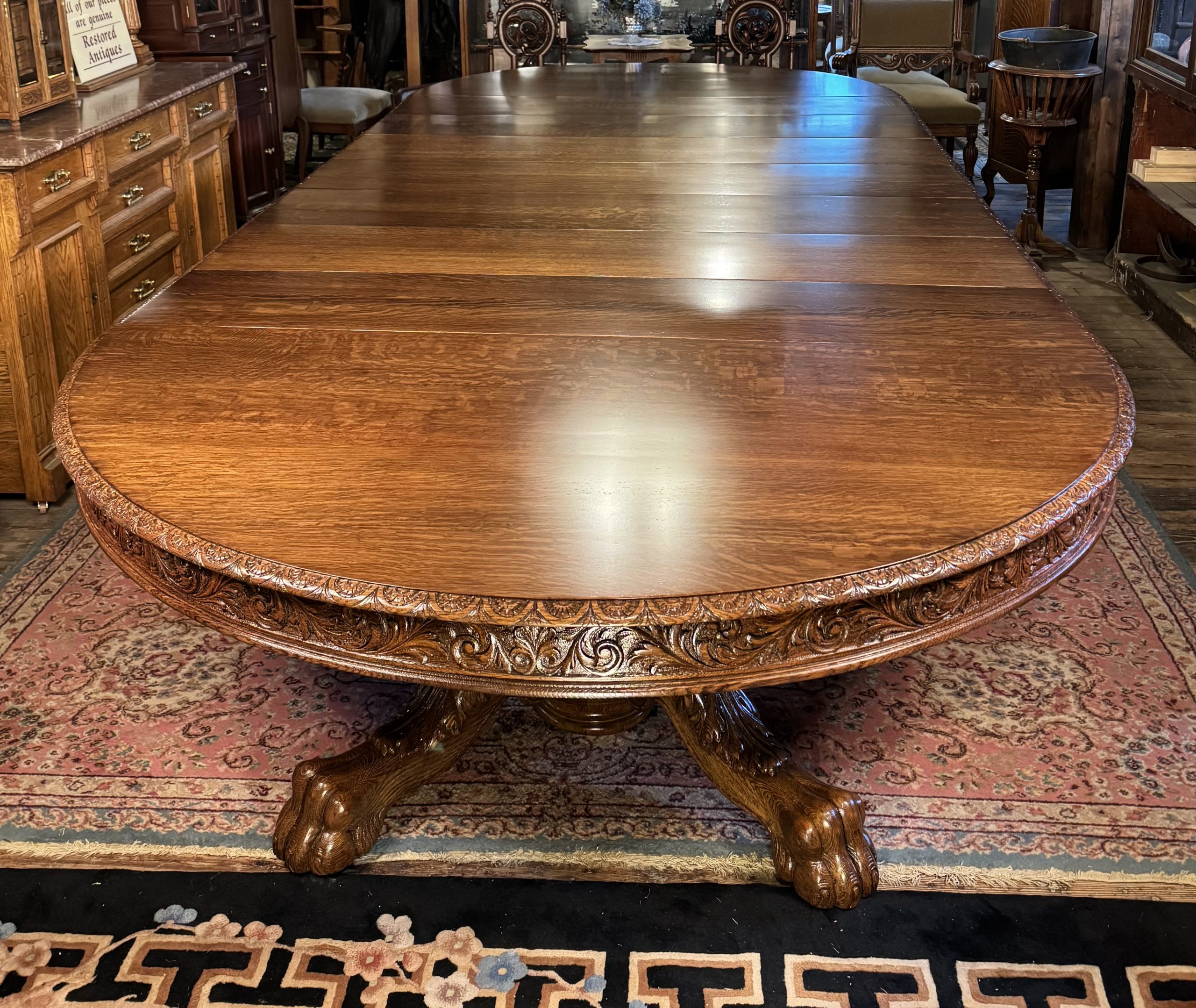Large 70" Round Oak Claw Foot Dining Table with 7 original 14" leaves - Image 17