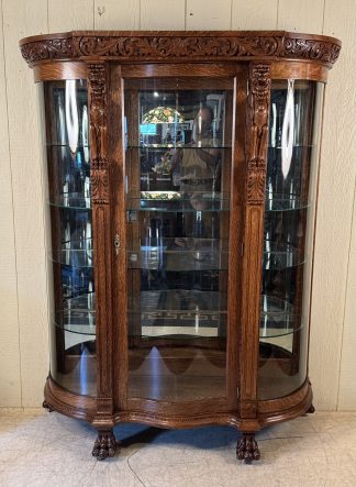 Oak Curved Glass Lion Headed China Cabinet with Serpentine Glass Door