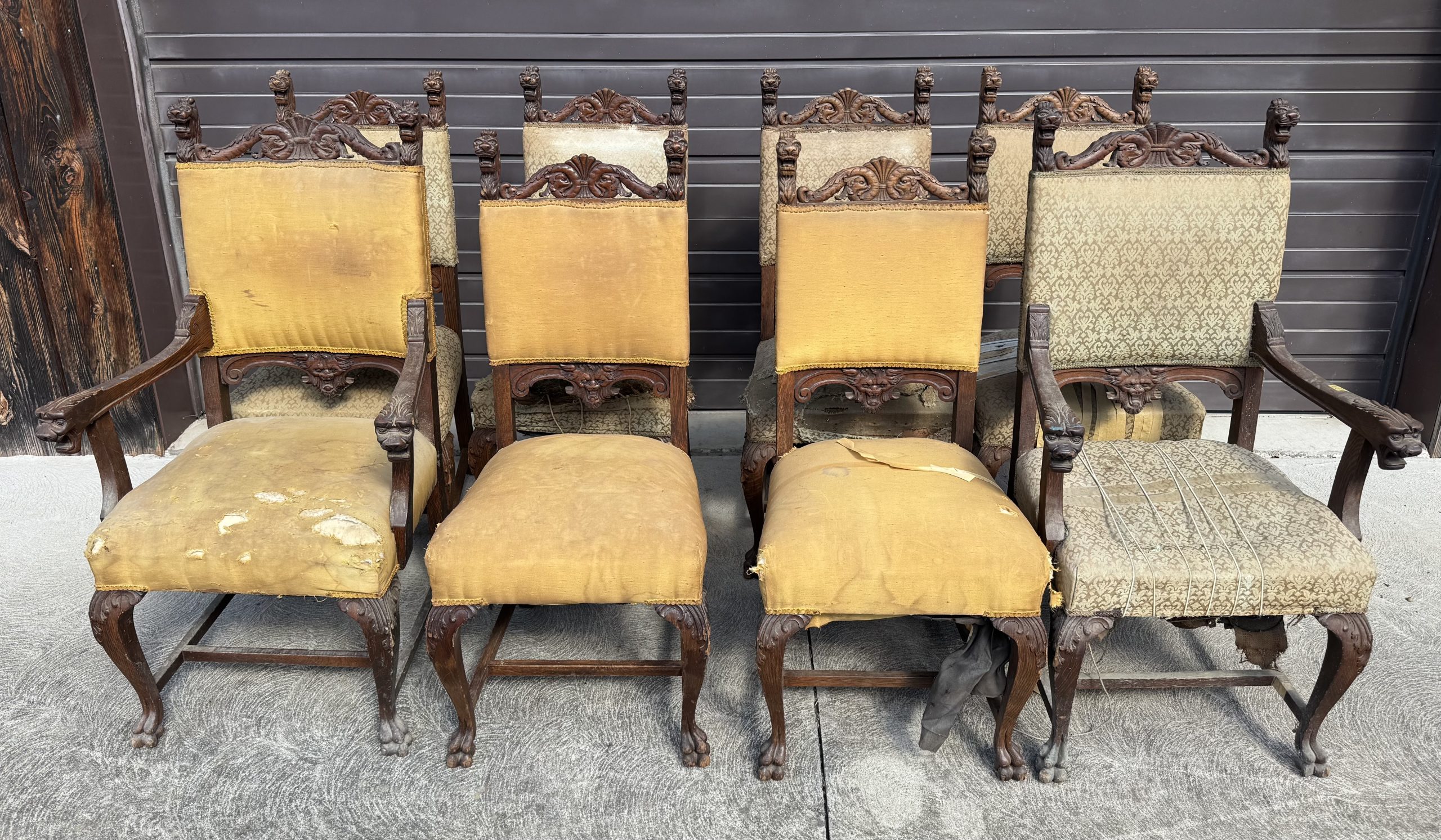 Set of 8 Oak Upholstered Lion Headed Dining Chairs with 2 Captain's chairs - Image 23