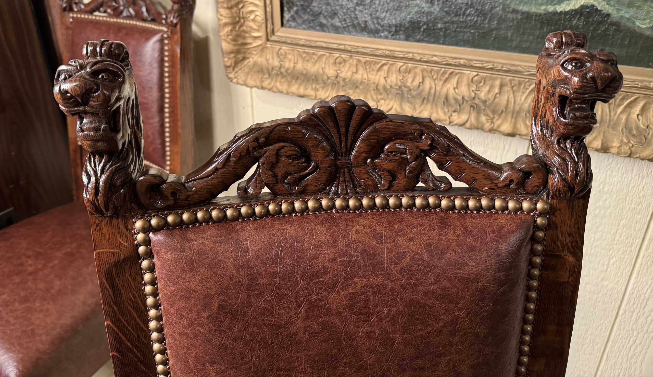 Set of 8 Oak Upholstered Lion Headed Dining Chairs with 2 Captain's chairs - Image 12