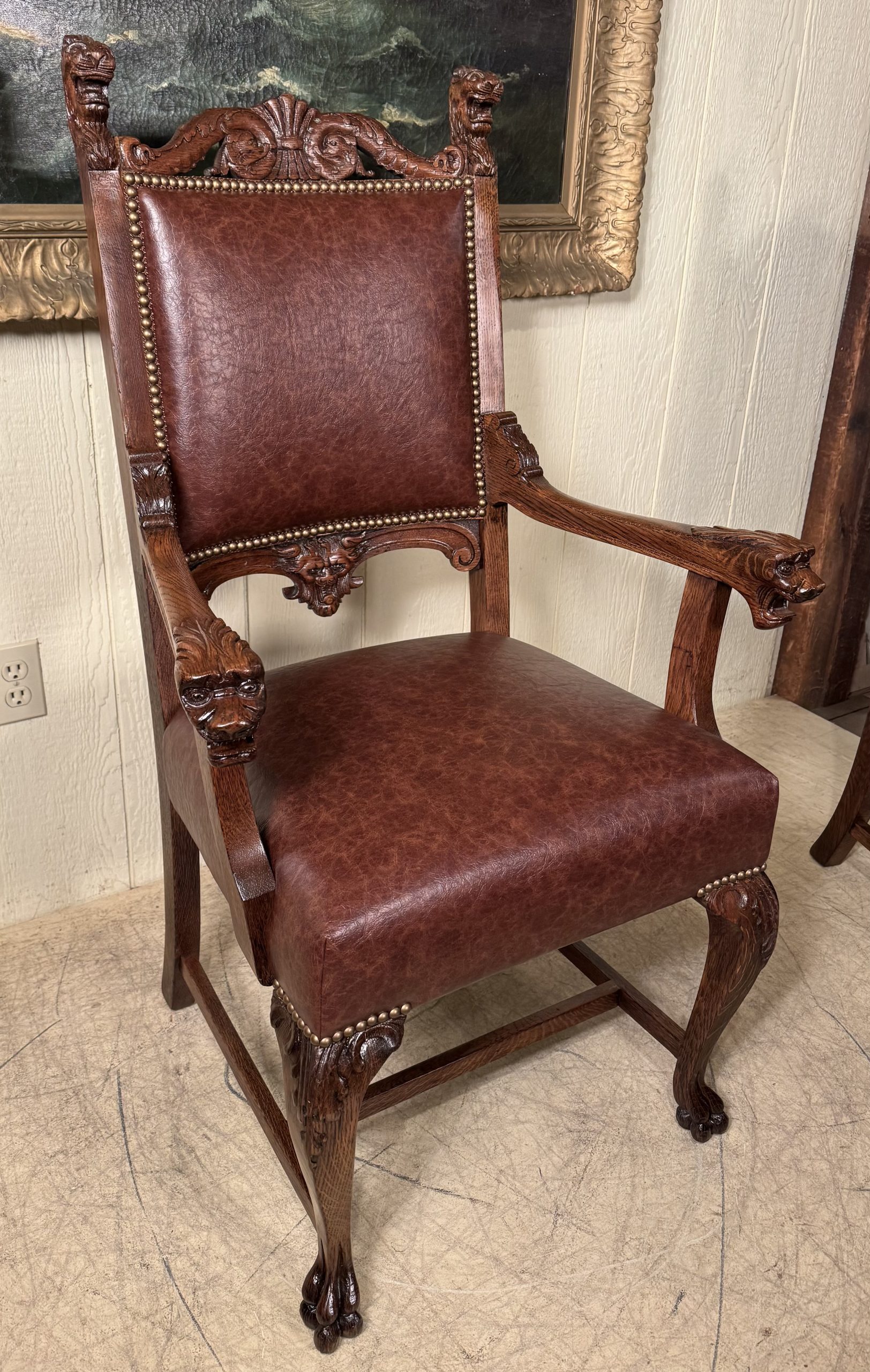 Set of 8 Oak Upholstered Lion Headed Dining Chairs with 2 Captain's chairs - Image 4
