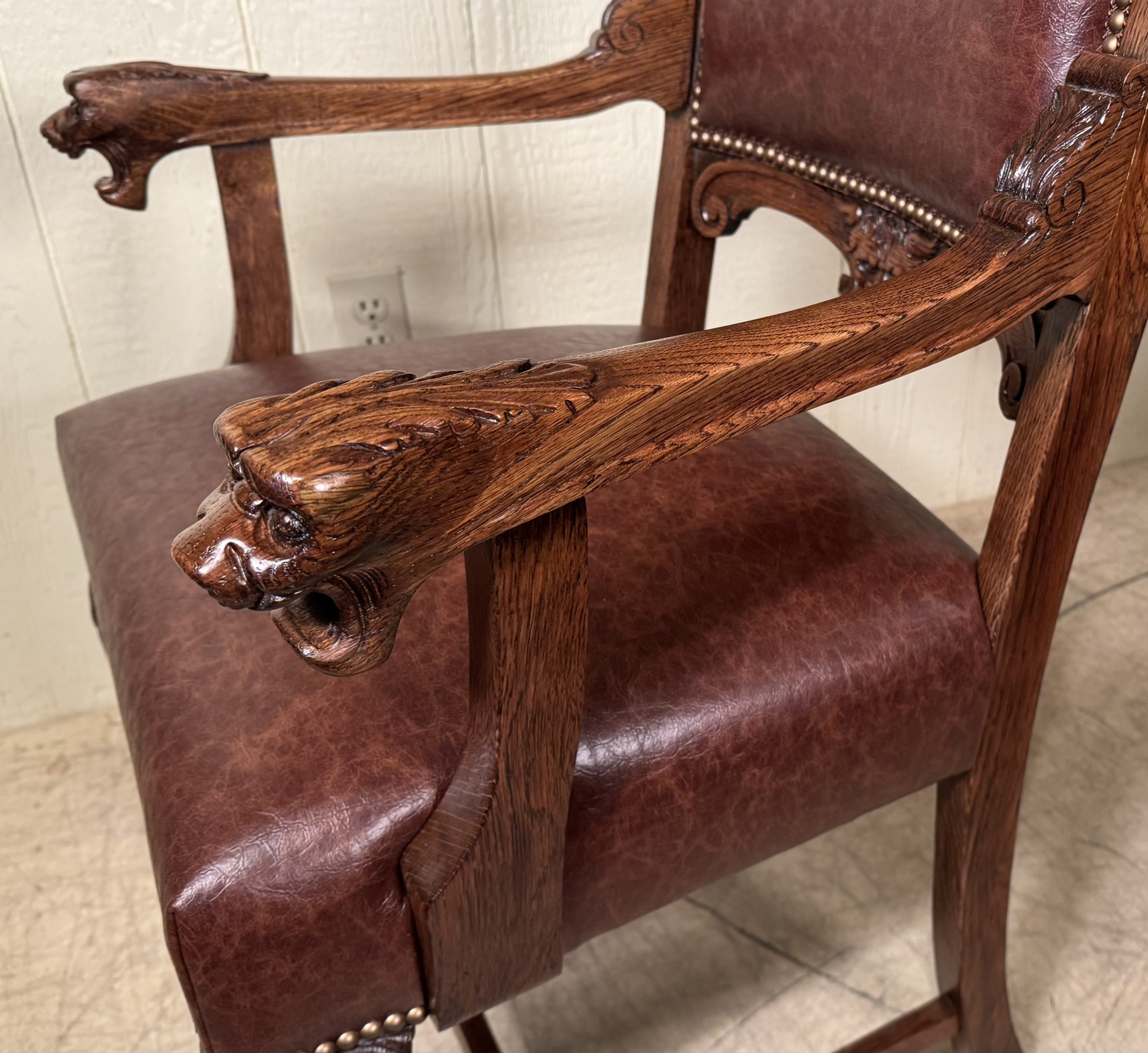 Set of 8 Oak Upholstered Lion Headed Dining Chairs with 2 Captain's chairs - Image 22