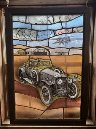 Leaded Glass Window with Reverse Painted Car & Airplanes