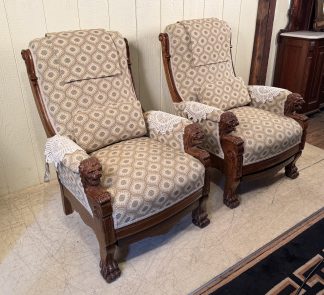 Fabulous Matched Pair Upholstered Oak Reclining Chairs